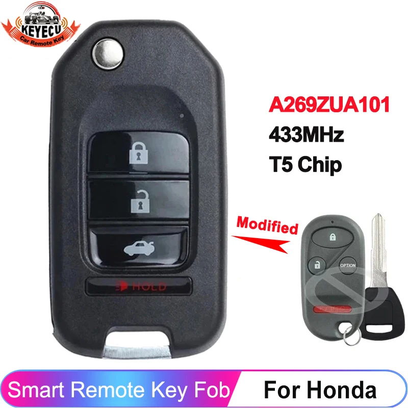 

KEYECU Upgraded 433MHz T5 Chip A269ZUA101 For Honda Accord 1998-2002 Prelude 1997-2001 Flip Key Remote 4 Buttons Fob