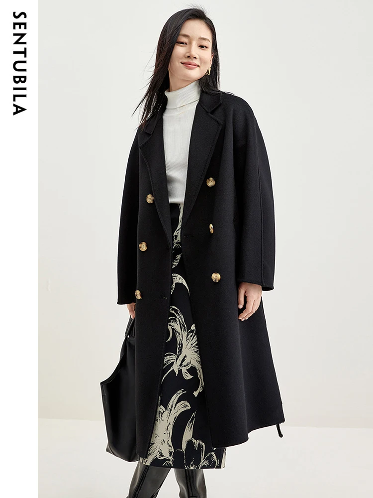 

SENTUBILA Winter 100% Wool Mid Length Double Sided Woolen Coat Woman 2023 Autumn Double Breasted Wool Jacket with Belt W34O49252