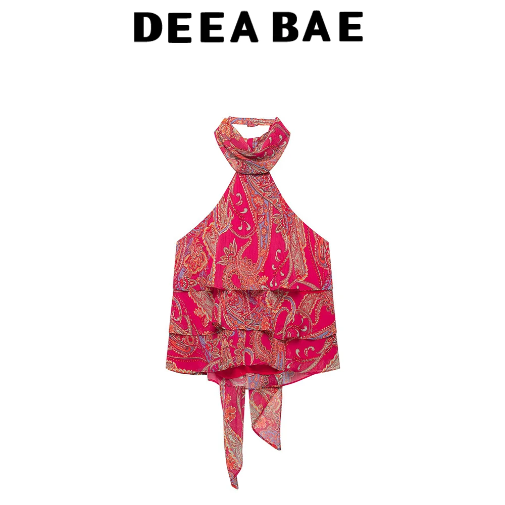DEEABAE Early autumn women's backless bow decoration hanging neck collar top elastic waist with waist belt half skirt set