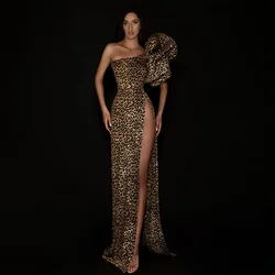 Sexy Evening Dresses for Women Long One Shoulder High Slit Mermaid Evening Gown Leopard Print Puff Sleeve Robe de Soirée 2023