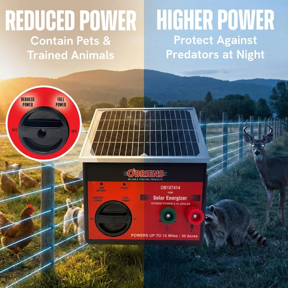 Solar Fence Energizer 0.15 Joule | Electric Fence Charger for Up to 10 Miles / 30 Acres | Portable Unit for Poultry, Gardens,