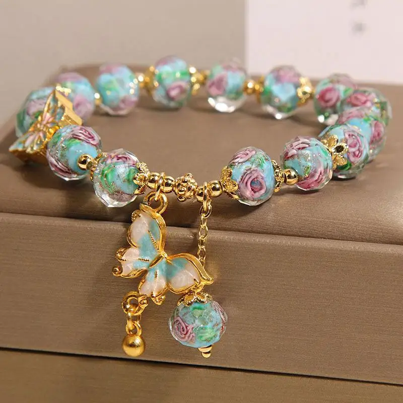 New Chinese Rose Garden Blue Glaze Bracelet Women's Niche Light Luxury Gifts Butterfly Pendant Beads HandString High-end Jewelry view 3