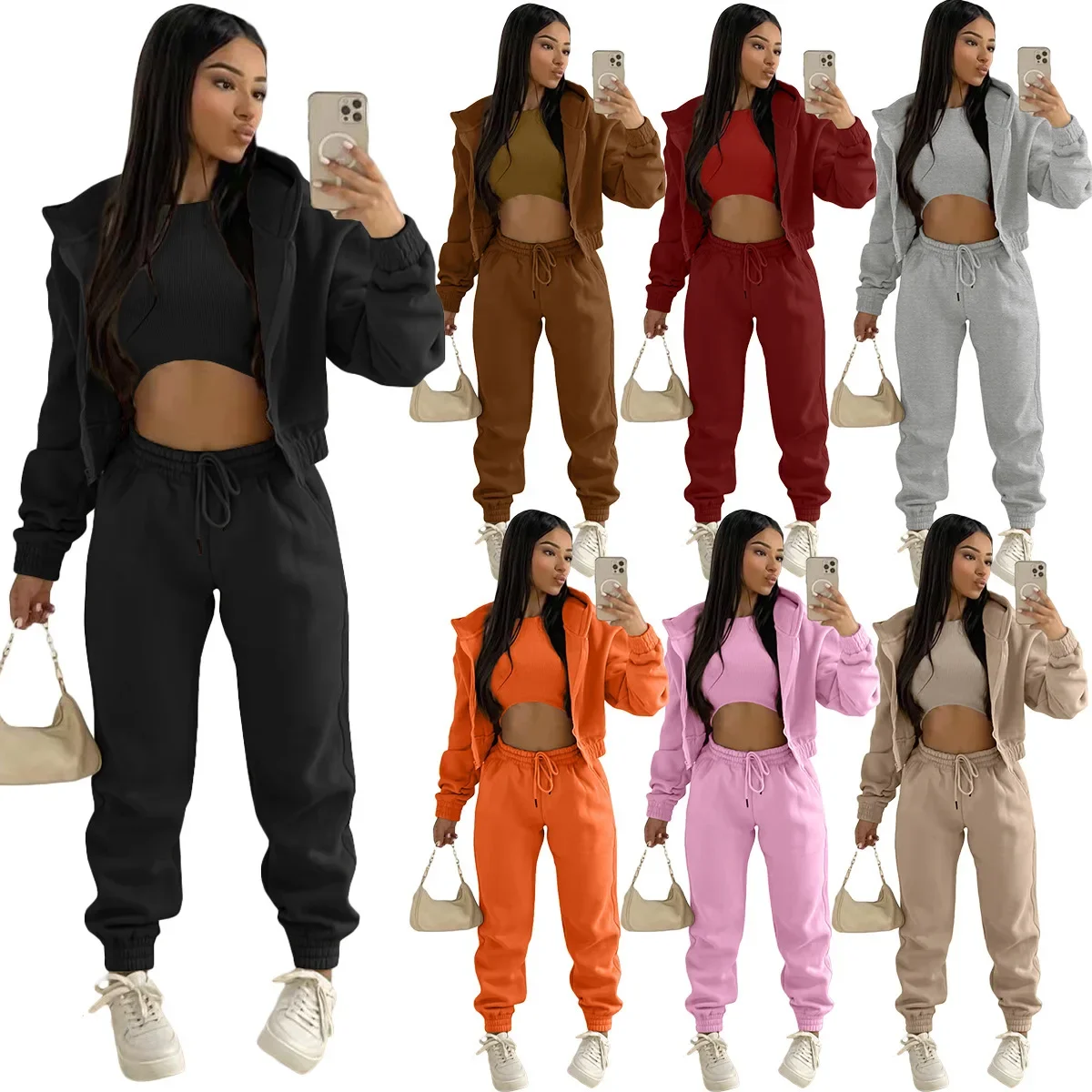 Plus Size 2022 New Style Women's Fleece-lined Sweatshirt Hooded Sport Casual Suit Three-piece Set European American Fashion