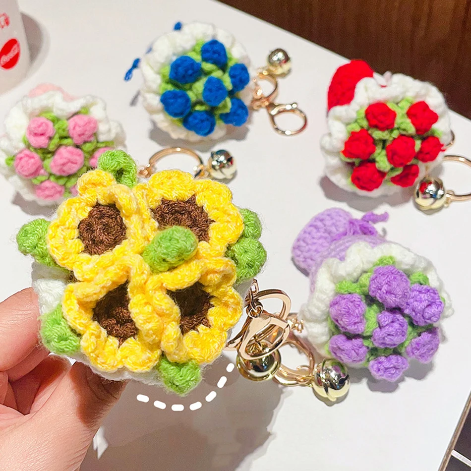

Hot Woolen Hand-Held Flower Sunflower Keychain Pendant Simulation Rose Handmade Crochet ins Style Bag Hanging Accessory In Stock