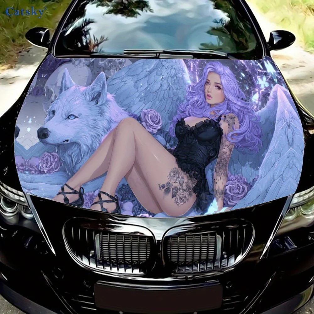 

Виниловая пленка для автомобиля с волком и крылатой сиреной, водонепроницаемая наклейка на капот автомобиля из ПВХ, самоклеящиеся устойчивые к царапинам наклейки для крышки двигателя
