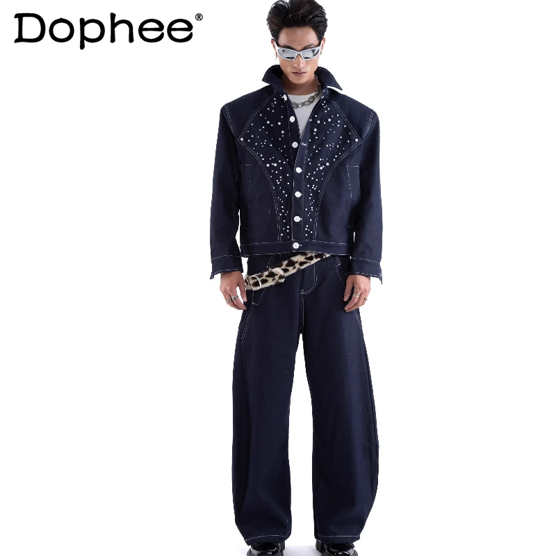 

2025 Ранняя осень Мужские комплекты из двух предметов Перламутровый дизайн ручной работы 2 шт. Модный короткий стиль Блестящее звездное небо Элегантные куртки Брюки Комплекты