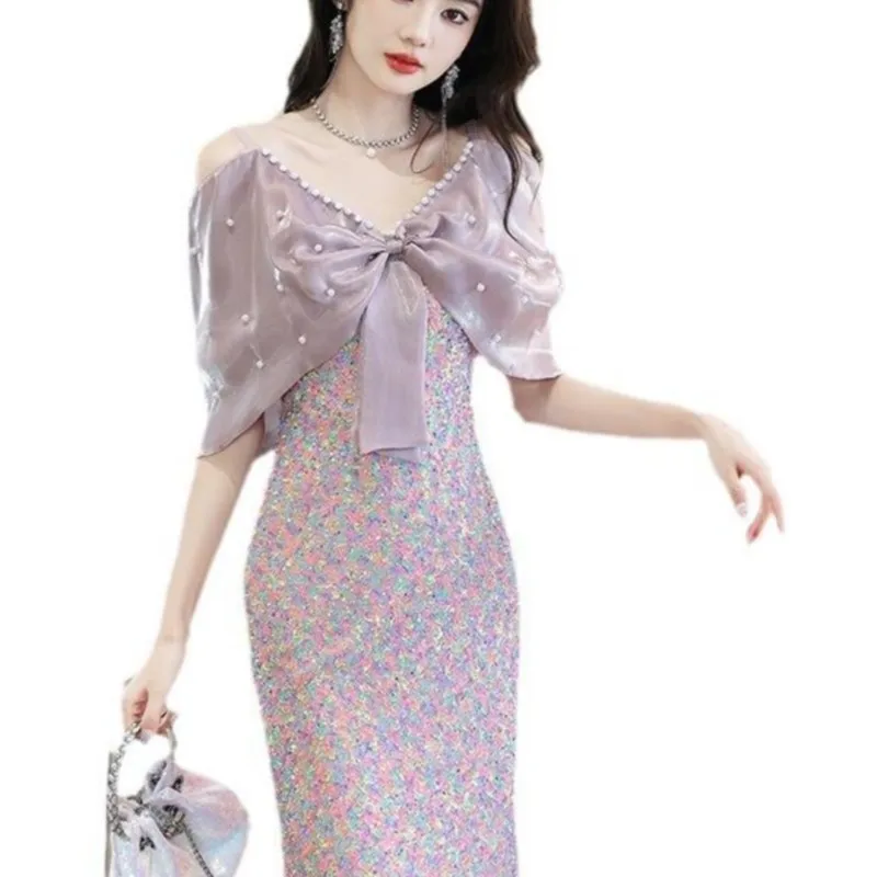 فستان فاخر ومتخصص جديد لحفلات القادمة من العمر لمضيف ذيل السمكة المزين بالترتر