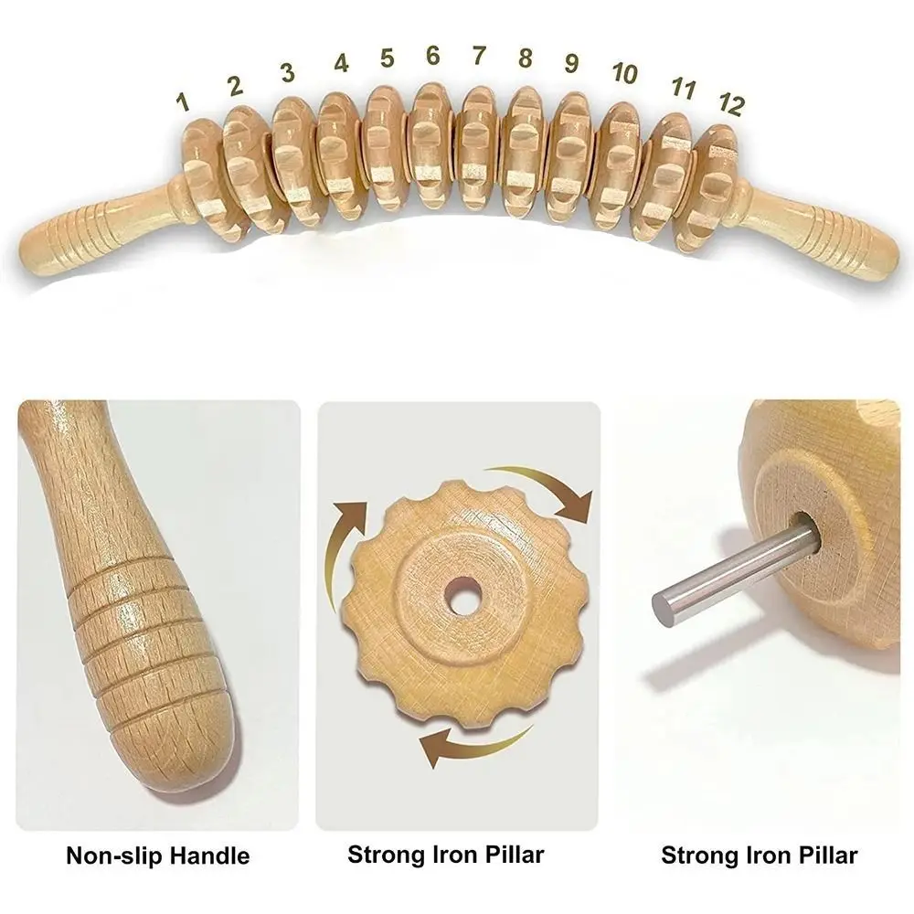

12 Rollers Curved Massage Stick Wood Grooved Gear Multi-Functional Wooden Massage Roller Anti-slip Handle Cellulite Reduction