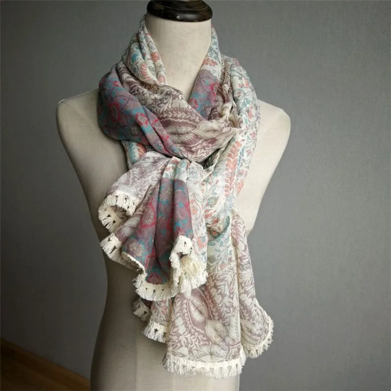 Vintage Fashion Floral Cotton Linen Tassel Scarf Mori Girl Style Literary Spring Summer Autumn and Winter Women Long Shawl Scarf