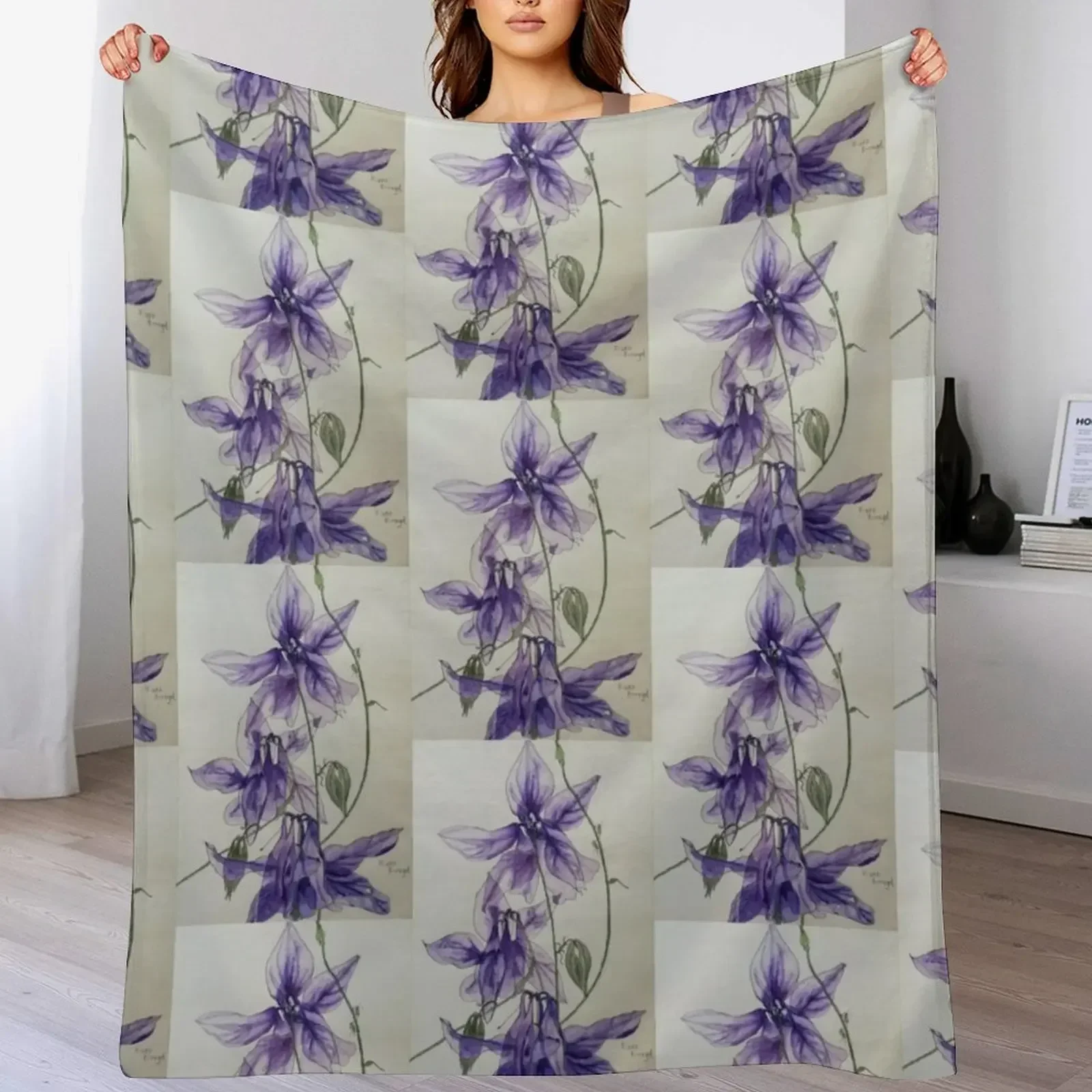 Aquilegia columbine blue watercolour painting Throw Blanket Flannel Thins Blankets