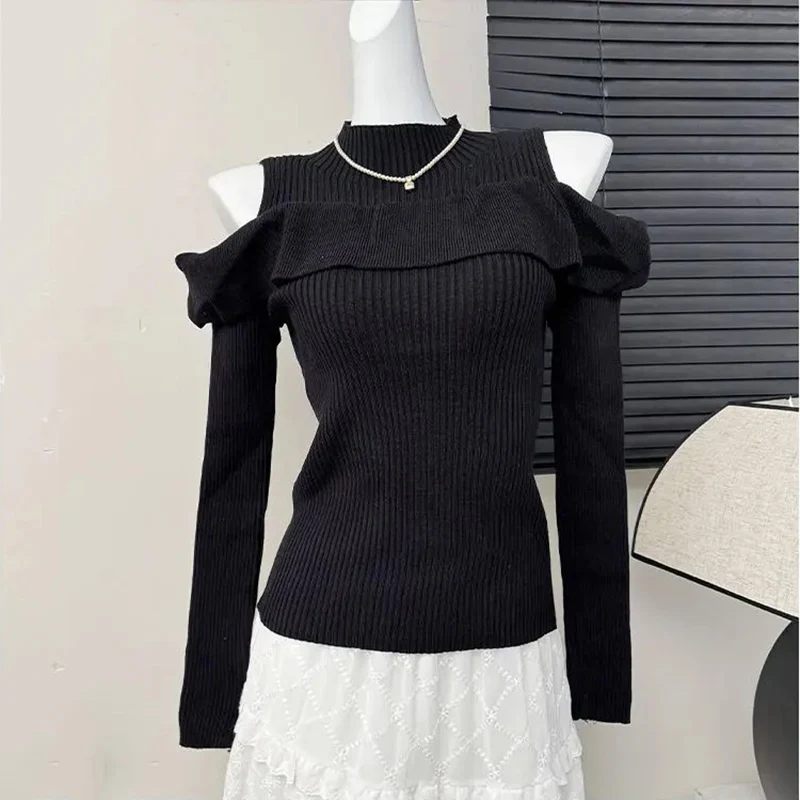 

Black Off Shoulder Long Sleeve Knitted Pullover Women 2025 New Slim Fit Base Crop Top Simple Stand Collar Y2k Sweater