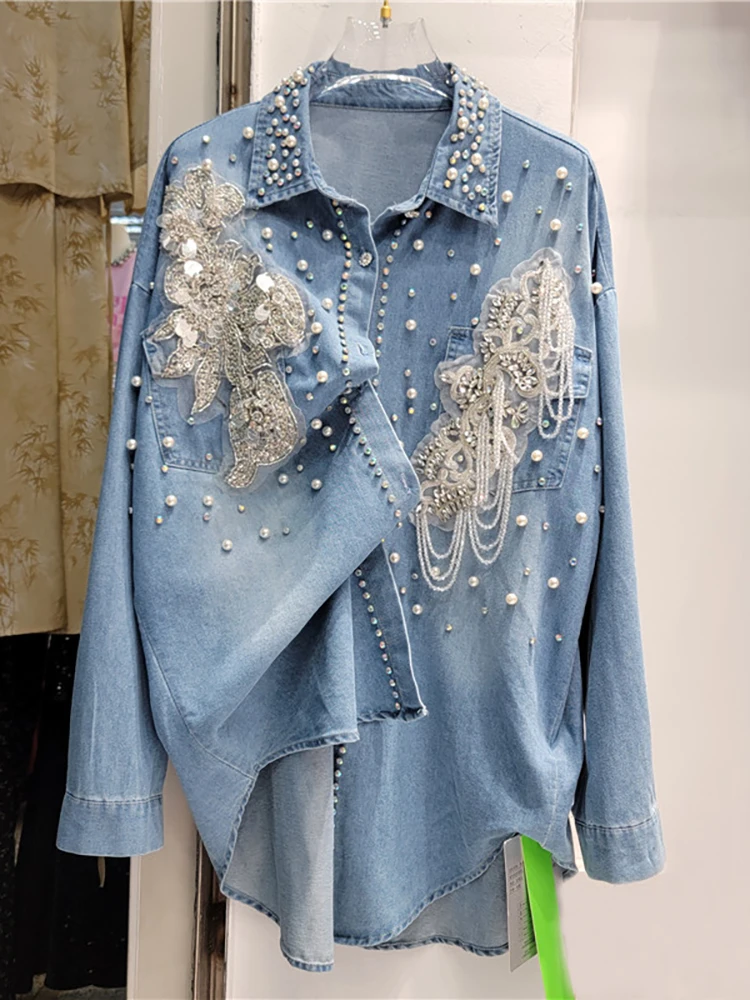 DEAT Women's Denim Shirt Loose Embroidered Flares Pearls Flowers Chains Patchwork Thin Blouse 2025 Spring New Fashion 29L7272