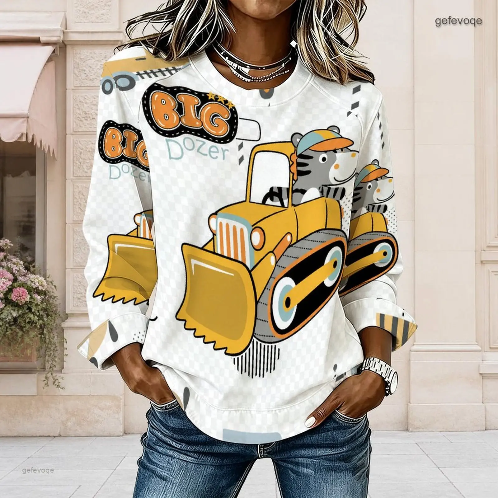 Women Round Neck Long Sleeve Top, Printed Cartoon Tiger Bulldozer BIG Dozer Pattern