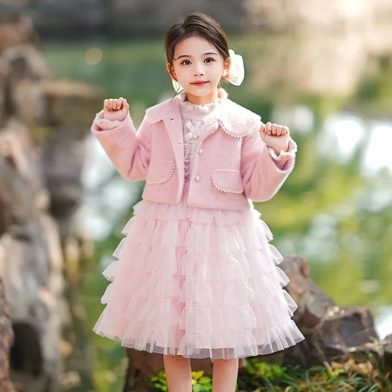 Winter Girls Velvet Clothing Sets Toddler Kids Short Jackets Coat + Long Sleeve Dresses for Girls High Quality Warm Outfits 4-14