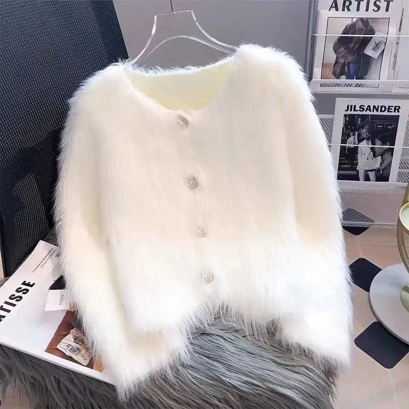 Faux Mink Knitted Cardigan Women Single-Breasted Elegant Solid Loose Fall Winter Soft Jacket Office Lady V-Neck Sweater Blouse