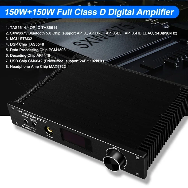 Imagem -02 - Fx-audio-amplificador de Auscultadores de Potência Digital Completo Controlo Remoto Bluetooth 5.0 150w x 24bit 192khz D2160mkii Tas5548 Mais Tas5614 2023