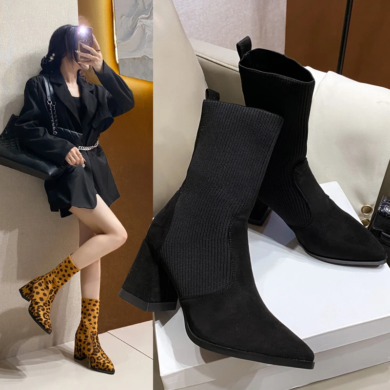 2025年シンプルファッション人気沸騰中暖かいブーツ女性用秋ファッション厚底ハイヒール伸縮性ショートブーツ気質女性用ブーツ