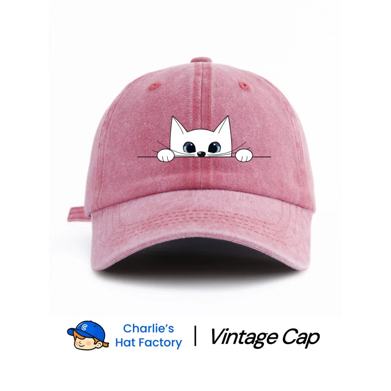 1 pc white cat Print Washed Baseball Cap, Classic Casual Stylish Vintage Soft Sweatband Adjustable Size Lightweight