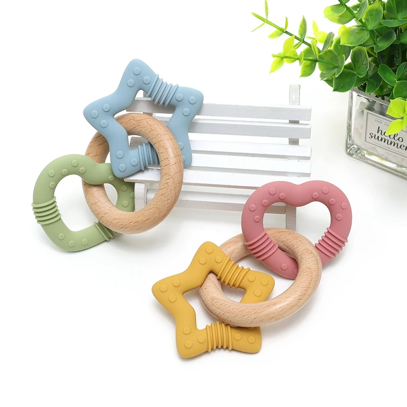 1Pc Baby Silicone Teether Toys Star Heart Wooden Ring Bracelet Teether Toys BPA Free Nursing Teething Toys For Nreborn Gift