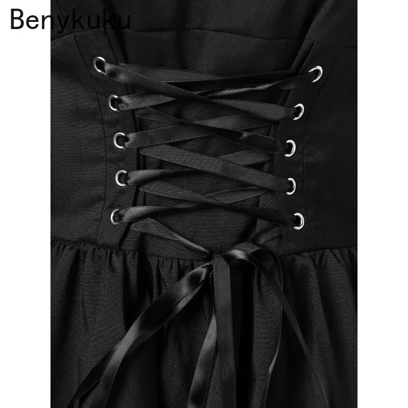 Women Gothic Punk Dress Long Flare Sleeve Sexy Black Mesh Sawing Medieval Vintage Elegant Lace Up Goth Retro Party Mini Dresses