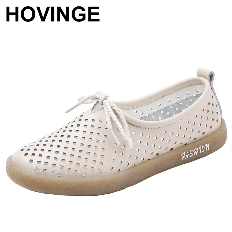 Genuine Leather Women Shoes Summer Hollow Out Breathable Flats Women\'s Slip On Loafers Soft bottom Comfort Woman Single