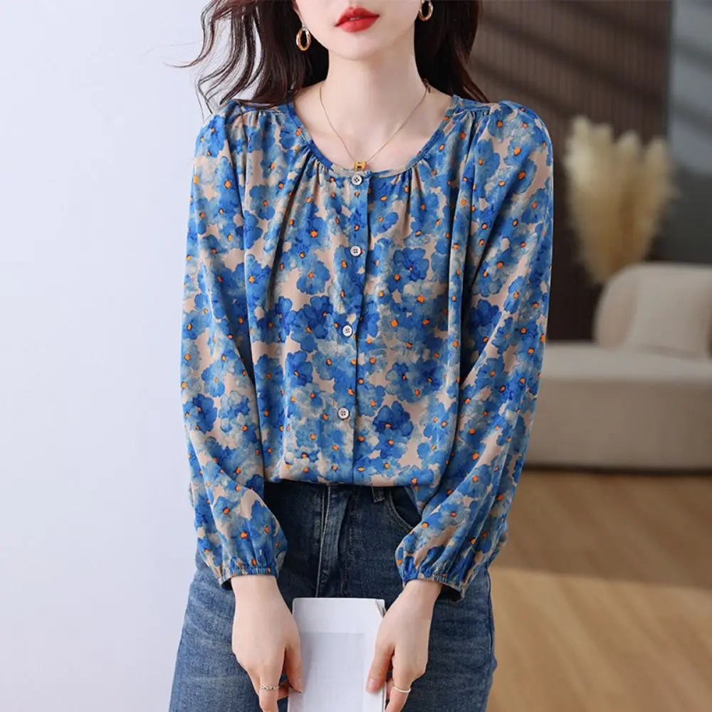 Camisas de flores dulces con cuello redondo a la moda, camisa fina de gasa Floral de manga larga, Tops holgados y transpirables, blusa de gasa para mujer