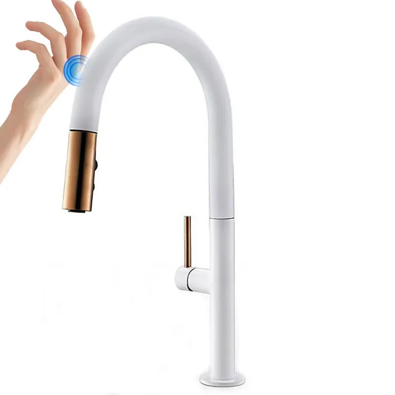 Smart Touch Kitchen Faucets Crane Pull Out Kitchen Water Tap Sink Mixer Rotate Touch Faucet Sensor Water Mixer White Rose Gold - view 6