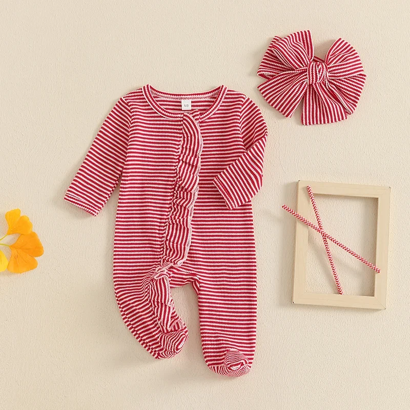 Newborn Baby Girl Footed Romper Stripe Print Long Sleeve Ruffled Zipper Jumpsuit with Headband for Fall