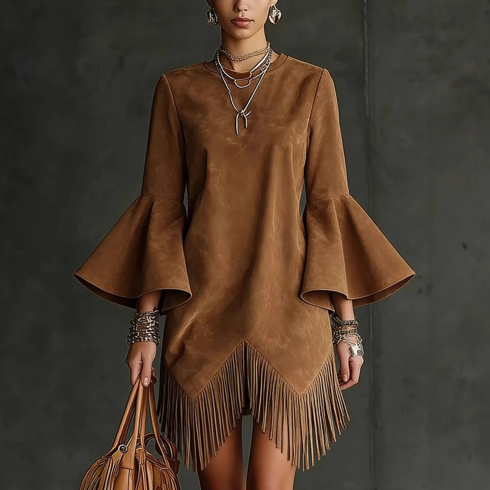 

Women's Vintage Fringe Suede Mini Dress Elegant Bell Sleeve Crew Neck Loose Western Chic Summer Streetwear Short Tassel Dresses