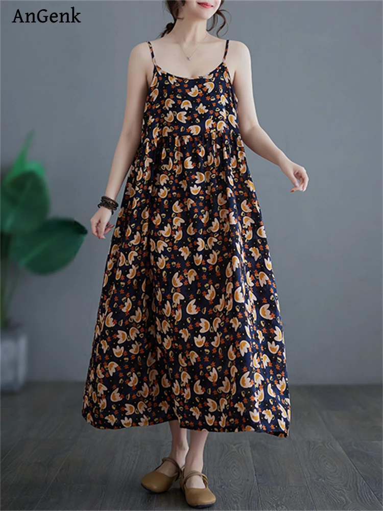 

2024 New Summer Cotton Vintage Sleeveless Spaghetti Strap Dresses For Women Casual Long Dress Femme Robe Beach Elegant Clothing