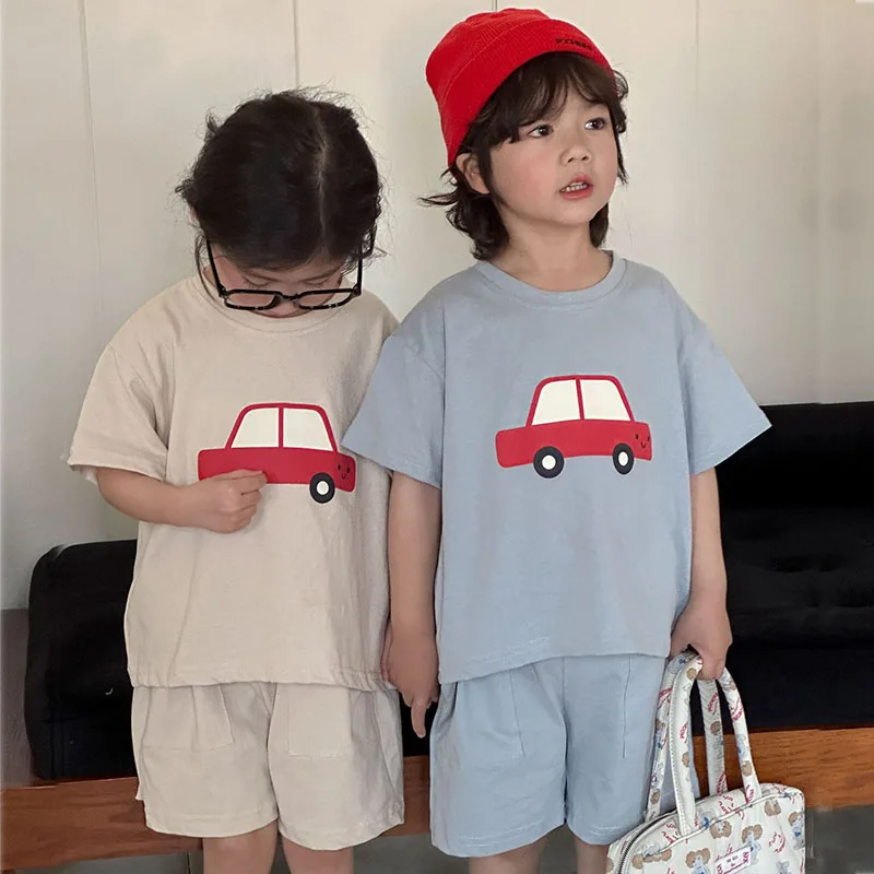 Milancel novo verão crianças roupas terno crianças bonito dos desenhos animados carro camiseta + shorts meninos estilo fino roupa 2 pçs