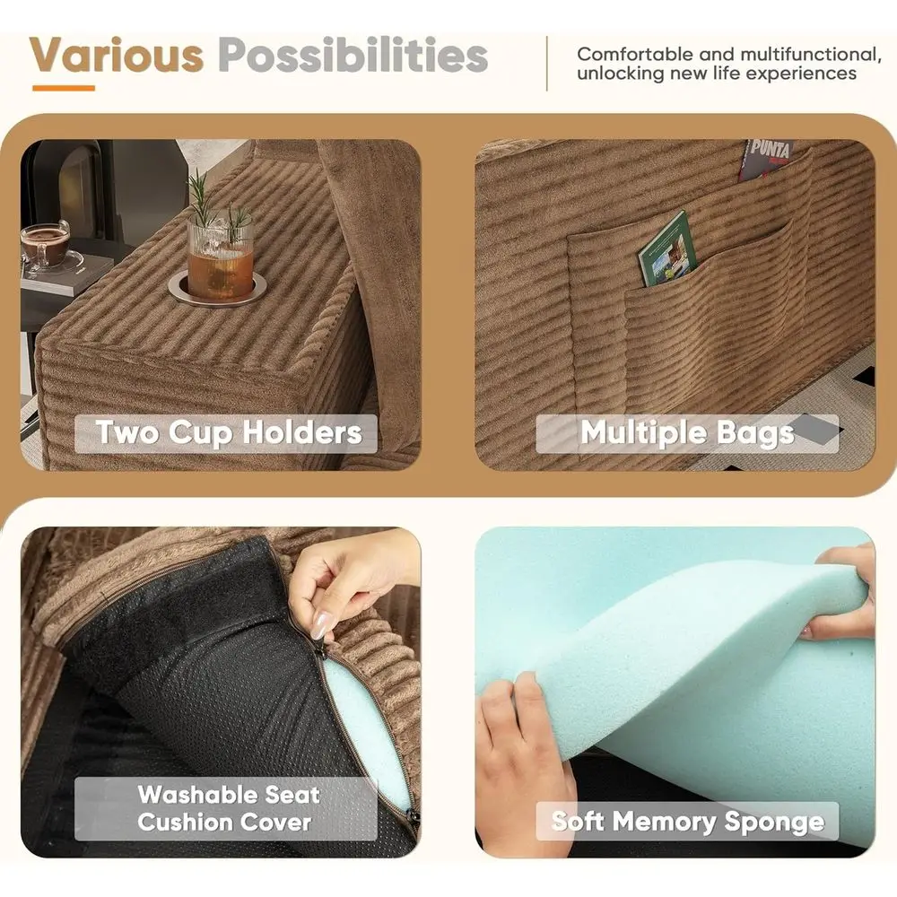 أريكة مقسمة باللون البني 109 على شكل حرف L مع إسفنج الذاكرة، والمقعد العميق، وحاملات الأكواب، وجيوب تخزين - لا حاجة للتجميع