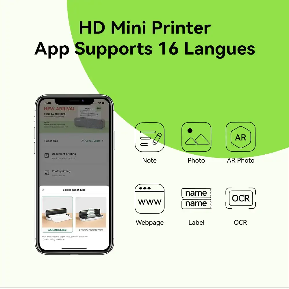 PeriPage A40 Continuous Thermal A4 Printer Wireless PDF Webpage Contract Picture Printers Maker 210mm Paper No Ink or Toner