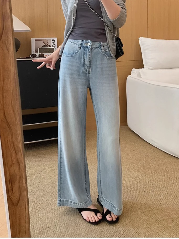 Celana Kaki Lebar Wanita Tencel Denim Pinggang Tinggi Longgar Lembut Ringan Nyaman Jeans Musim Panas