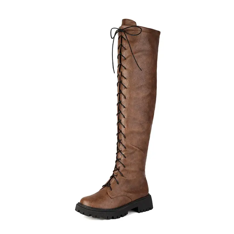 REAVE CAT 2025 Retro Thigh Boots Round Toe Chunky Heels 4.5cm Platform Zip Lace Up Extended Size 41 42 43 Daily Knee High