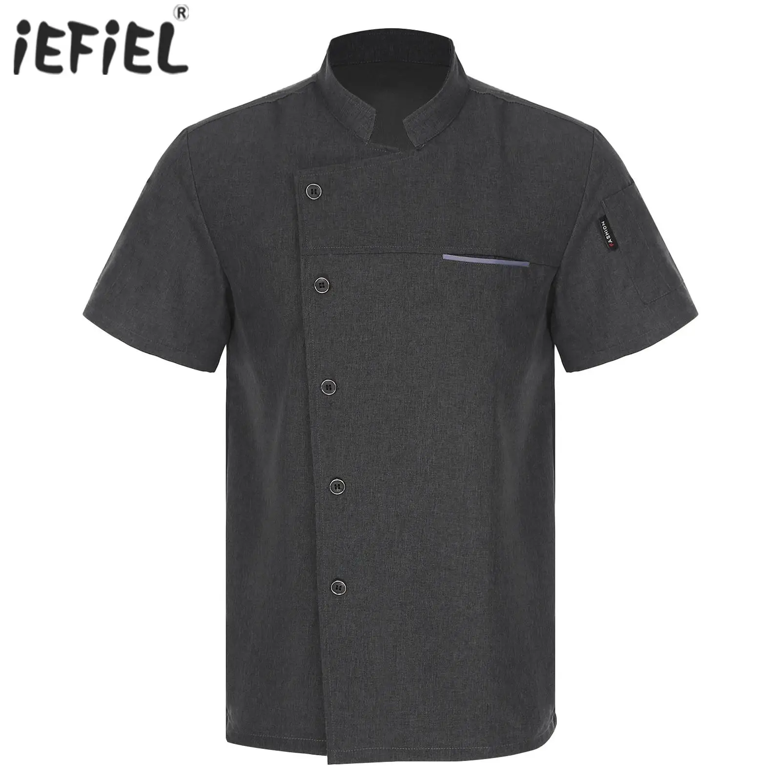 Chef camisa de manga curta masculina e feminina, jaqueta, gola, tops de botão, cozinha, uniforme de trabalho, restaurante, hotel, padaria, traje de cozinha