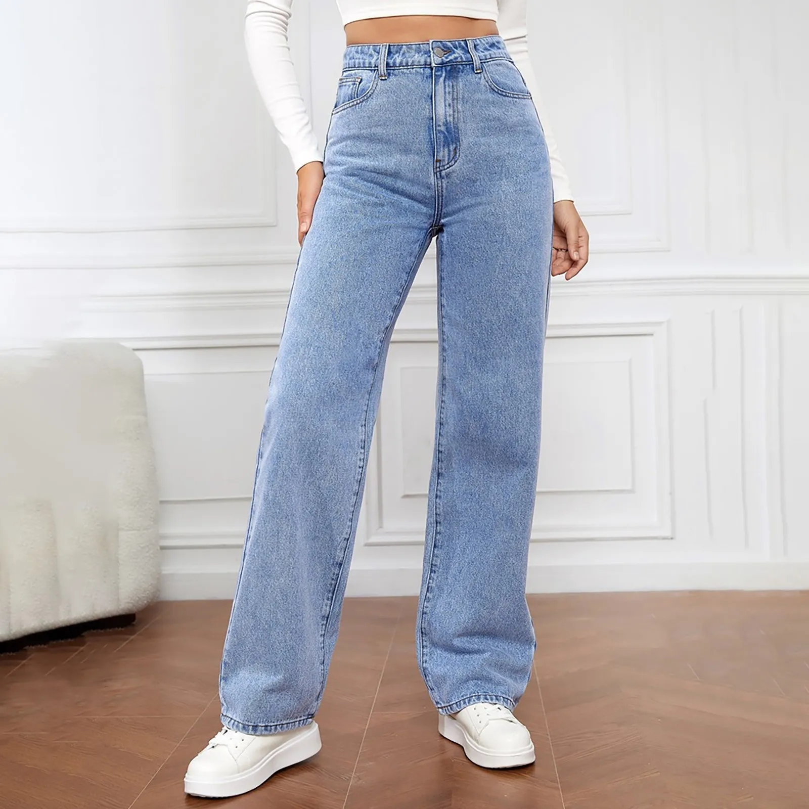 Jean Droit en Denim pour Femme, Pantalon de Taille Haute, avec Poches Ajustées, de Base, Longueur de Rinçage, Solide, observateur, Strech, Y2K