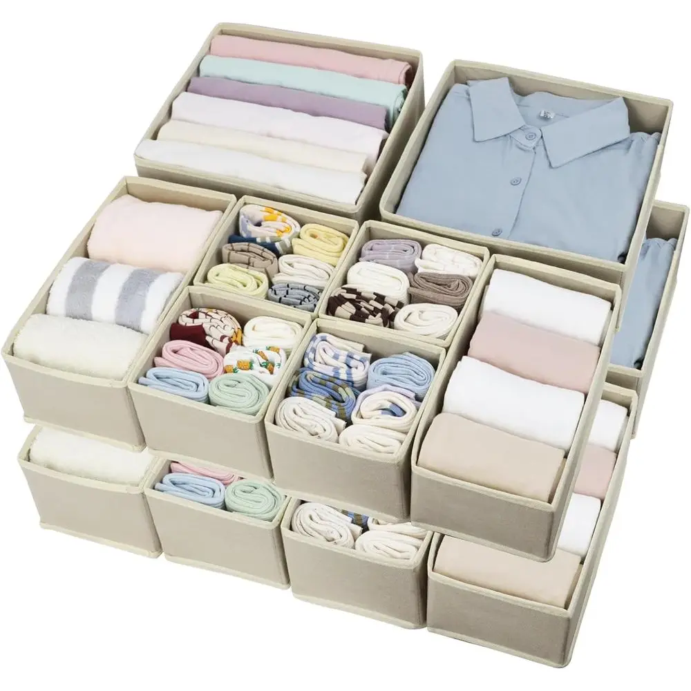 

Fabric Storage Organizers: 16-Compartment Drawer Dividers for Clothing, Socks, Ties & Underwear (Beige)