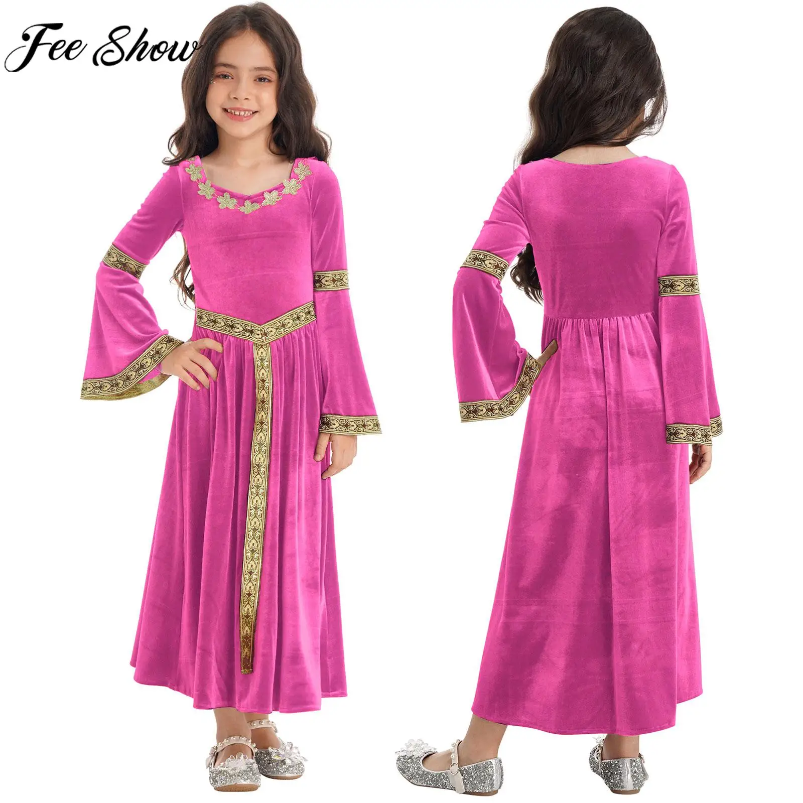 

Детское бархатное платье для девочек в стиле средневековой принцессы, с расклешенными рукавами, ретро-костюм для Хэллоуина, карнавала, викторианский костюм королевской знати для косплея