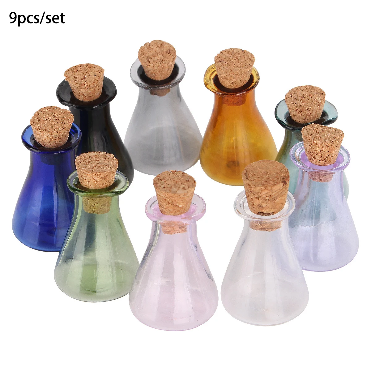 9pcs Cute Colored Miniature Flask Glass Bottles with Cork Stopper Small Vials for Dollhouse Decoration DIY Crafts