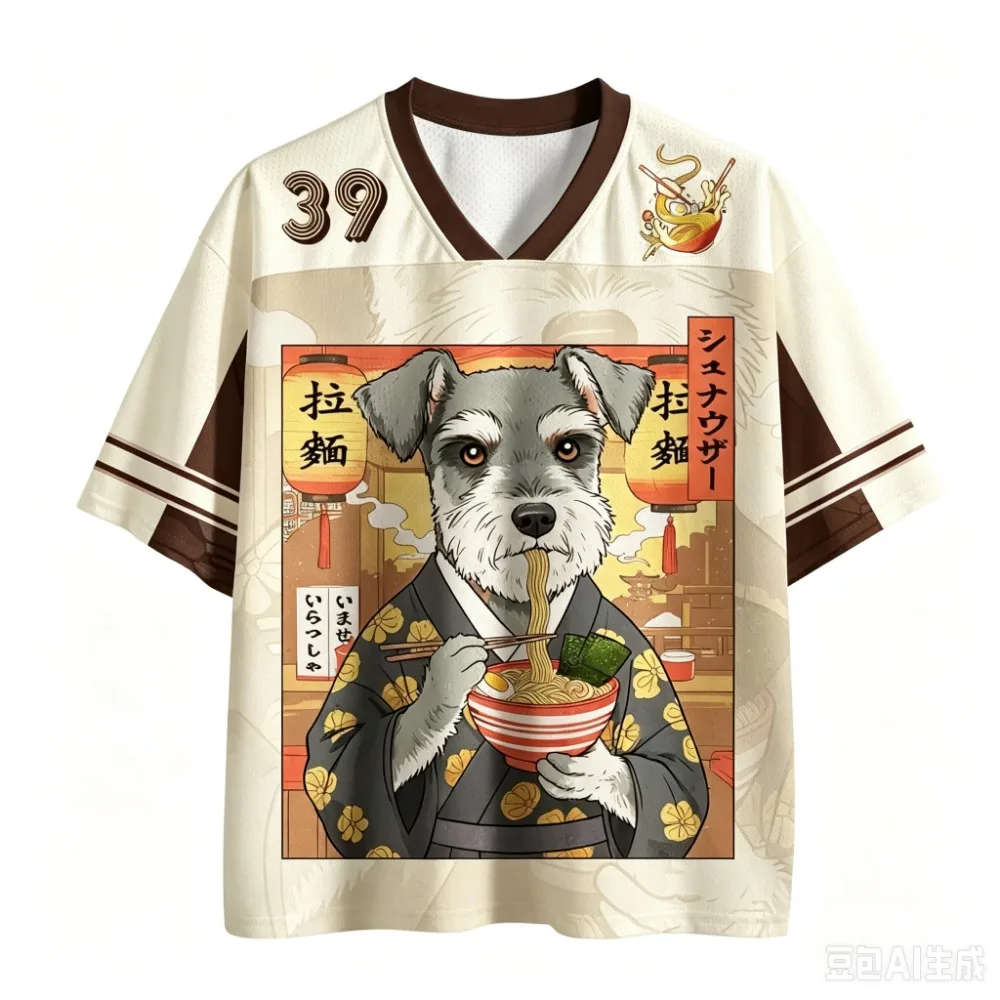 Japanese-style Dog-shaped Ramen 3D Print Quick-dry Breathable Sports Men Women V-neck Loose Tshirt Fashionable Parental Clothing
