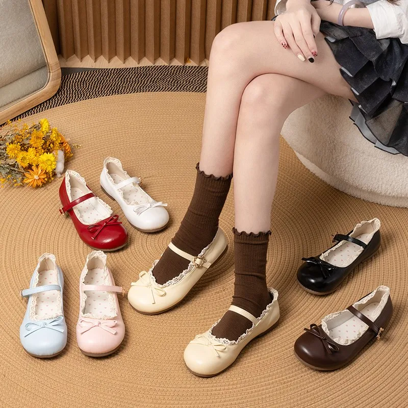 

Foreign Mary Jane Single Shoes Autumn New Round Toe Shallow Mouth Bow Metal Buckle One Strap Soft Slip Women's Shoes