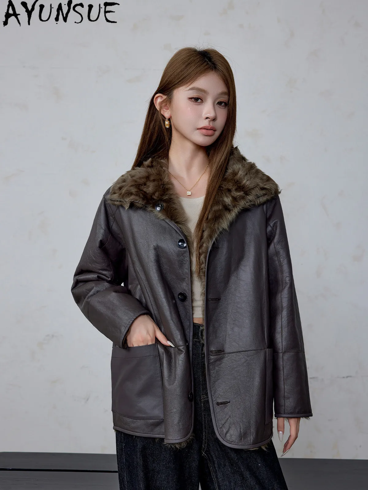 

AYUNSUE Xiaohu Natural Sheepskin Fur Coat Winter Clothes Real Leather Jacket Woman Fashion Womens Coats Reversible Abrigo Mujer