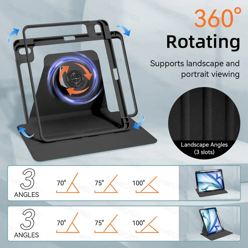 Juste de tablette avec rotation à 2024 °, étui pour iPad Air 11, M2, 360 Pro, Air 5/4, iPad 10th, 10.9in, Mini 6, 7, 8, 9th, 10.2in, Pro12.9