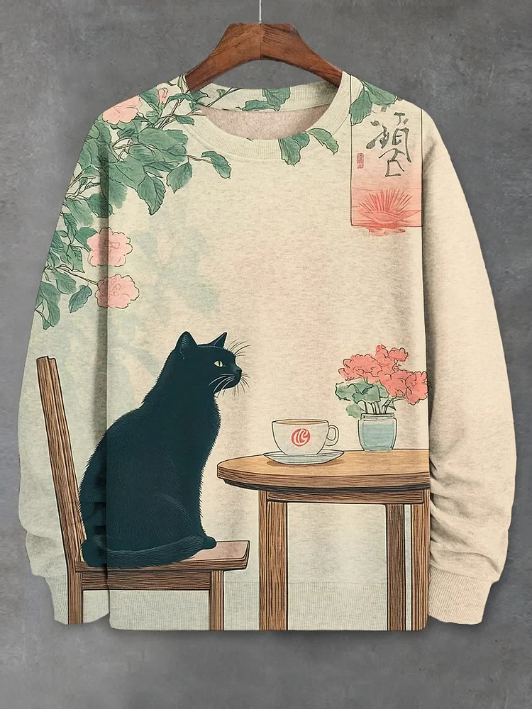 Autumn New Arrival Japanese Art Hoodies Vintage Cat 3D Printed Pullovers Men Women Casual Oversized Crew Neck Y2k Sweatshirts