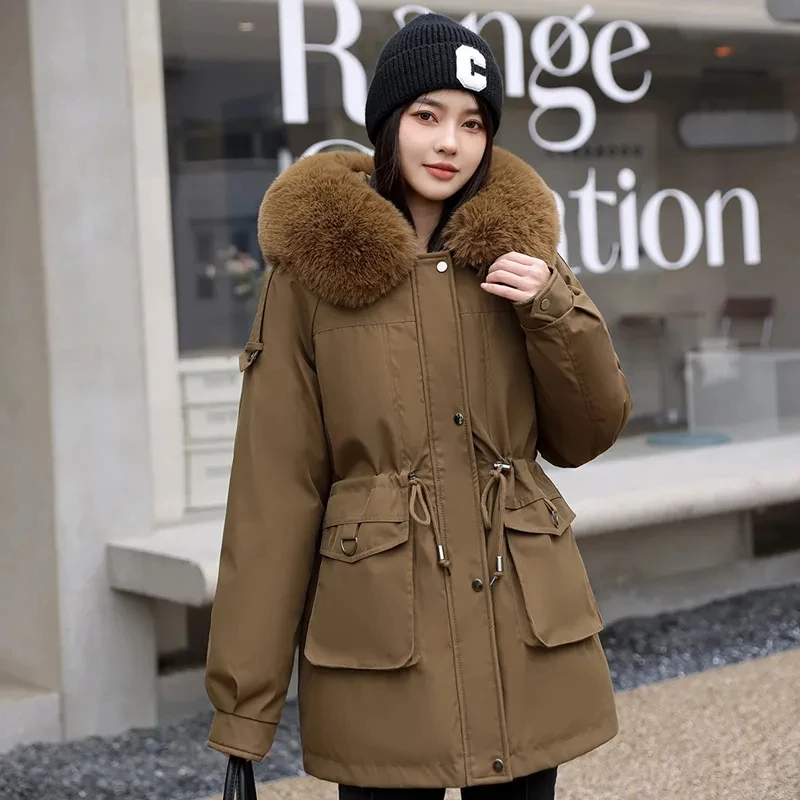 

2023 Winter New Women Jacket Parkas Hooded Fur Collar Fur Lining Jacket Thick Warm Snow Wear Coat Overcoat Female Parka Outwear