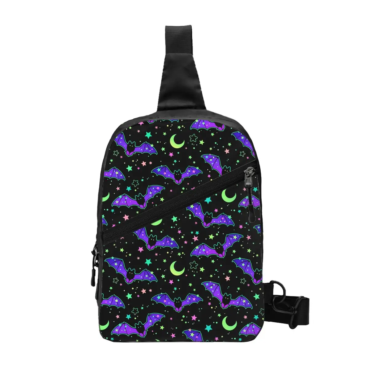 

Custom Black Stars Night Party Bats Fun Novelty Halloween Glow Moon Neon Sling Crossbody Chest Bag Shoulder Backpack for Hiking