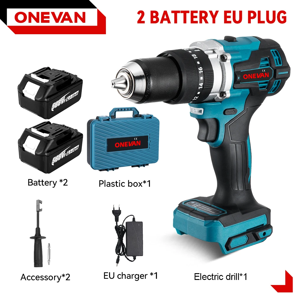 ONEVAN 1500W Borstelloze Elektrische Klopboormachine 650NM Accuschroevendraaier Platen Bodem Houtbewerking Tool Voor Makita Batterij Pin