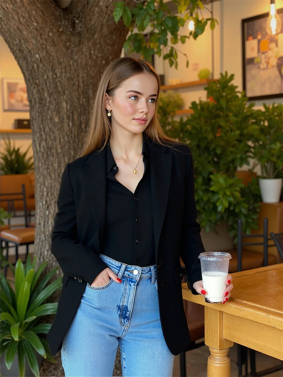 

Solid Single Breasted Classic Blazers For Woman With Designs Clothes Women Zip Age-Reducing Shimmer Splied Full-Length Newkorean