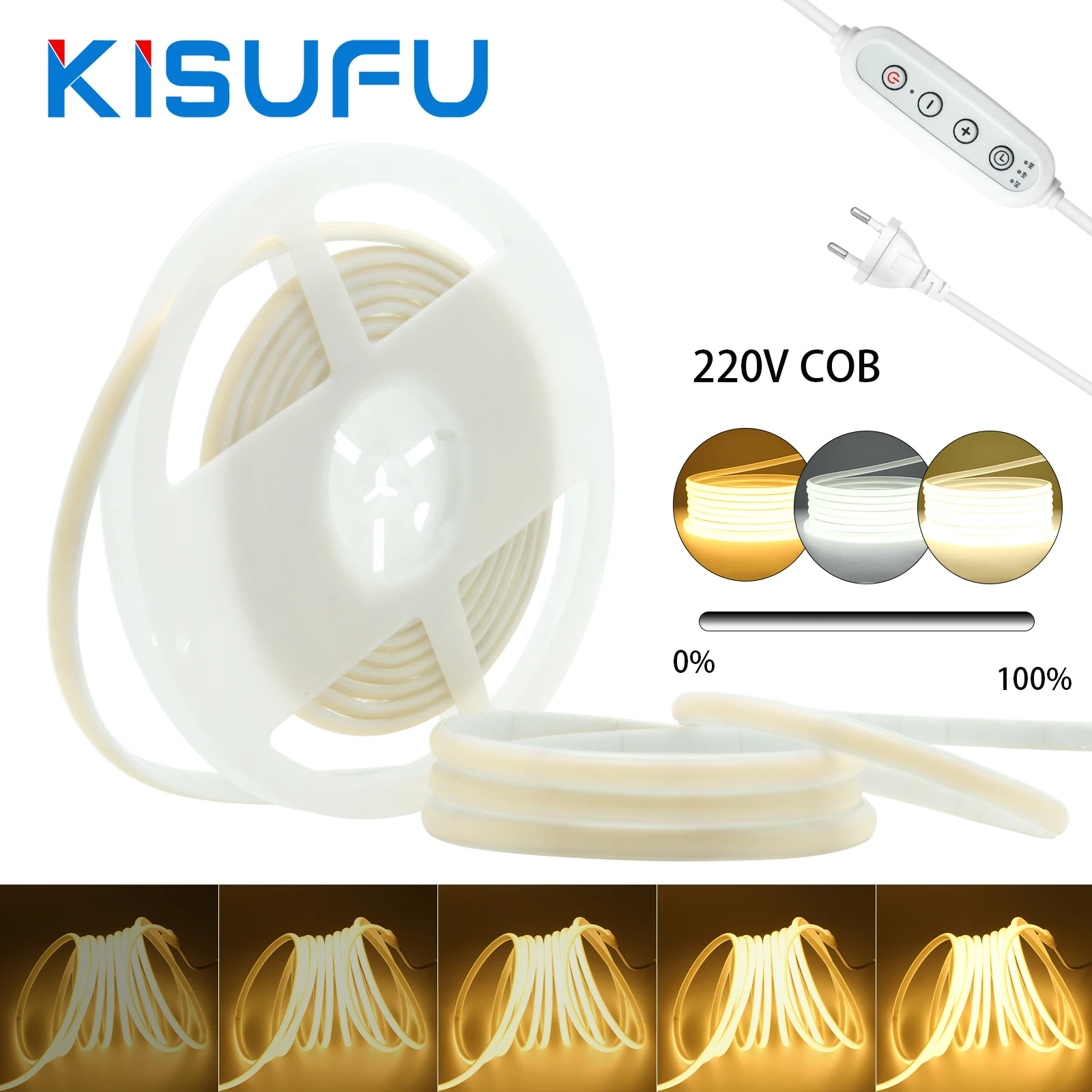 220V Dimmable COB Strip With Switch/Dimmer Plug 3000K 4000K 6000K 288LED/M Waterproof Flexible Ribbon Lamp Garden Home Bar Decor